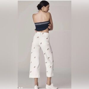 Anthropologie The Colette Embroidered Fish Fly Crop Wide Leg Pants Ivory 29P NWT